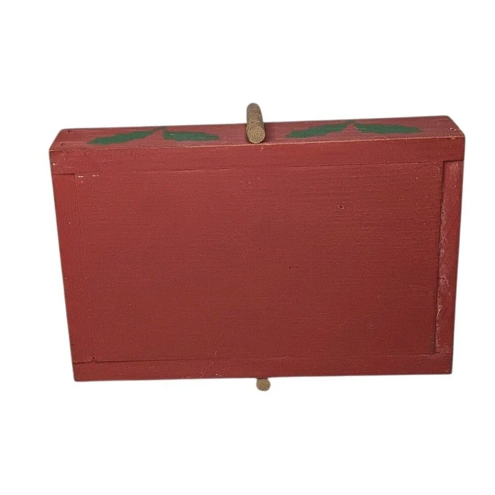 Wood Christmas Basket Red & Green Holly Leaves Design Rectangle With Handle
